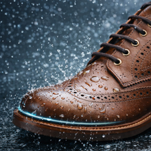 Brown leather shoe with water droplets on a dark background