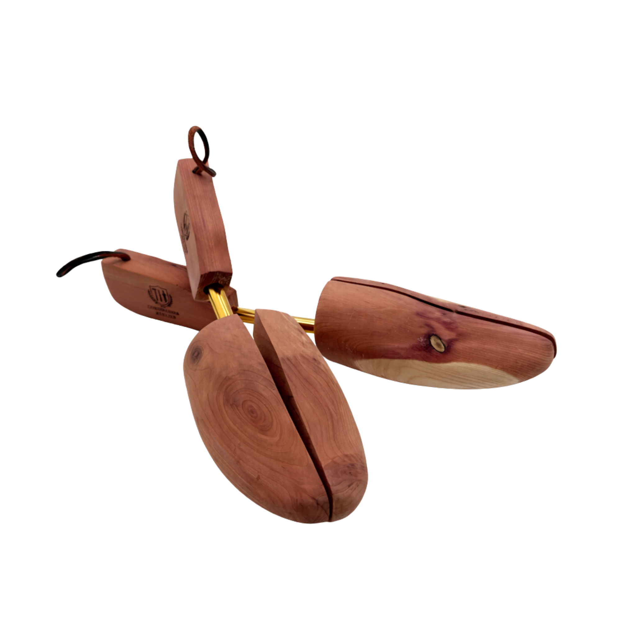Cedar shoe tree with rear loop handle for easy removal from tall boots