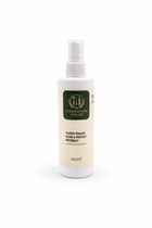 White spray bottle with a label on a white background, for cleaning all sorts of leather material, non toxic material

